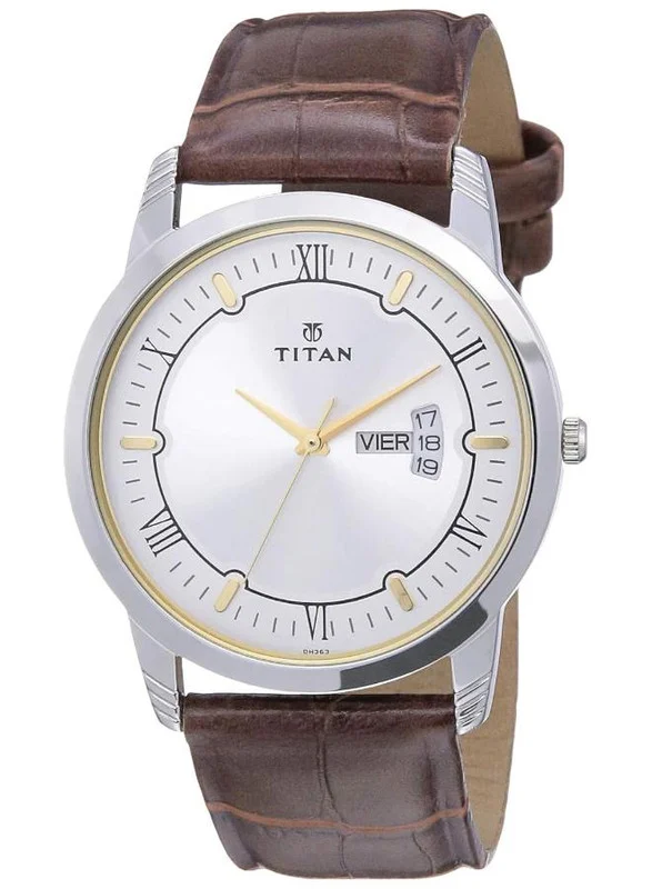 Titan Karishma Quartz Analog with Day and Date Silver Dial Brown Leather Strap Watch for Men - NT1774SL01